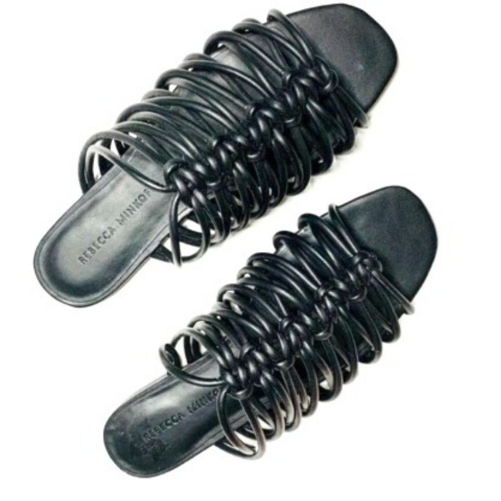 New REBECCA MINKOFF Maelynn Slide Black Knotted Leather Sandals 6